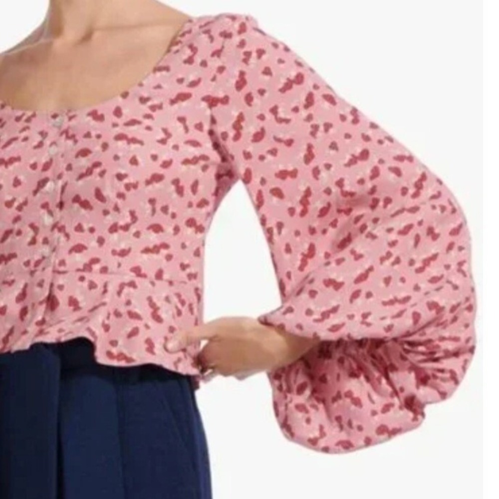 STAUD Mushroom Print Puff Balloon Sleeve Crop Top Size 0 Pink Coquette Blouse